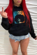 Black Vintage Print Draw String Hooded Collar Tops