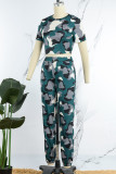 Army Green Casual Print Patchwork O Neck Short Sleeve Two Pieces