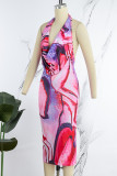 Multicolor Sexy Casual Print Backless Halter Sleeveless Dress Dresses