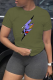 Army Green Street Print Patchwork O Neck T-Shirts