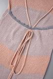 Pink Sexy Striped Bandage Backless Contrast Spaghetti Strap Dresses
