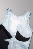 Black White Casual Print Basic O Neck Skinny Jumpsuits