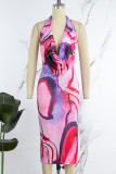 Multicolor Sexy Casual Print Backless Halter Sleeveless Dress Dresses