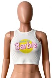 White Casual Letter Print Basic O Neck Tops