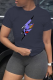 Navy Blue Street Print Patchwork O Neck T-Shirts