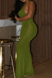 Green Sexy Solid Patchwork Backless Oblique Collar One Step Skirt Dresses
