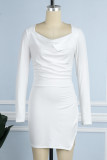Pink Casual Solid Frenulum Slit Square Collar Long Sleeve Dresses