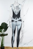 Black White Casual Print Basic O Neck Skinny Jumpsuits