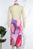 Multicolor Sexy Casual Print Backless Halter Sleeveless Dress Dresses