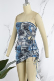 Blue Street Print Patchwork Draw String Fold Strapless Sleeveless Two Pieces