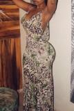 Green Sexy Print Backless Spaghetti Strap Long Dress (Subject To The Actual Object)