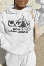 White Casual Daily Print Skull Draw String Hooded Collar Tops