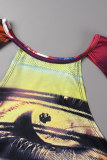 Multicolor Street Print Hollowed Out Patchwork O Neck High Waist Tops