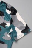 Army Green Casual Print Patchwork O Neck Short Sleeve Two Pieces