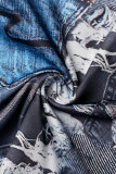 Blue Street Print Patchwork Draw String Fold Strapless Sleeveless Two Pieces