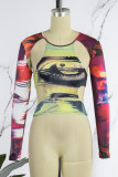 Multicolor Street Print Hollowed Out Patchwork O Neck High Waist Tops