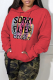 Red Vintage Print Draw String Letter Hooded Collar Tops