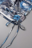 Blue Street Print Patchwork Draw String Fold Strapless Sleeveless Two Pieces