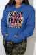 Blue Vintage Print Draw String Letter Hooded Collar Tops