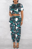 Army Green Casual Print Patchwork O Neck Short Sleeve Two Pieces