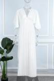 Deep Blue Elegant Solid Patchwork Fold V Neck Pleated Dresses