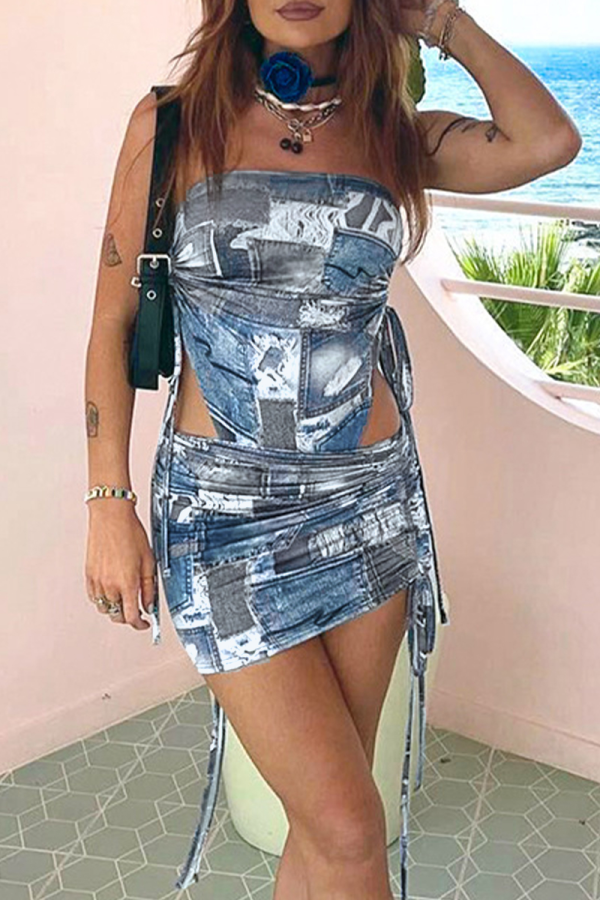 Blue Street Print Patchwork Draw String Fold Strapless Sleeveless Two Pieces