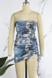 Blue Street Print Patchwork Draw String Fold Strapless Sleeveless Two Pieces