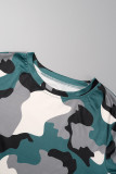 Army Green Casual Print Patchwork O Neck Short Sleeve Two Pieces