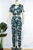 Army Green Casual Print Patchwork O Neck Short Sleeve Two Pieces