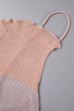 Pink Sexy Striped Bandage Backless Contrast Spaghetti Strap Dresses