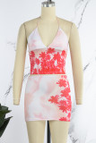 Red Sexy Floral Patchwork Backless Slit Halter Sleeveless Two Pieces