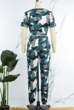Army Green Casual Print Patchwork O Neck Short Sleeve Two Pieces