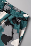 Army Green Casual Print Patchwork O Neck Short Sleeve Two Pieces