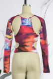 Multicolor Street Print Hollowed Out Patchwork O Neck High Waist Tops