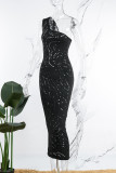 Black Sexy Casual Solid Hollowed Out See-through Oblique Collar Sleeveless Dress Dresses