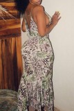 Green Sexy Print Backless Spaghetti Strap Long Dress (Subject To The Actual Object)