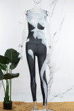 Black White Casual Print Basic O Neck Skinny Jumpsuits