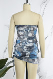 Blue Street Print Patchwork Draw String Fold Strapless Sleeveless Two Pieces