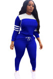 Blue Sexy Two Piece Suits Solid Patchwork pencil Long Sleeve Two-piece Pants Set