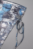Blue Street Print Patchwork Draw String Fold Strapless Sleeveless Two Pieces