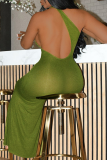 Green Sexy Solid Patchwork Backless Oblique Collar One Step Skirt Dresses