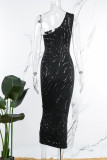 Black Sexy Casual Solid Hollowed Out See-through Oblique Collar Sleeveless Dress Dresses