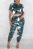 Army Green Casual Print Patchwork O Neck Short Sleeve Two Pieces