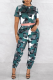 Army Green Casual Print Patchwork O Neck Short Sleeve Two Pieces