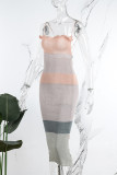 Pink Sexy Striped Bandage Backless Contrast Spaghetti Strap Dresses