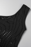 Black Sexy Casual Solid Hollowed Out See-through Oblique Collar Sleeveless Dress Dresses
