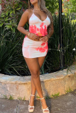 Red Sexy Floral Patchwork Backless Slit Halter Sleeveless Two Pieces