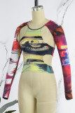 Multicolor Street Print Hollowed Out Patchwork O Neck High Waist Tops