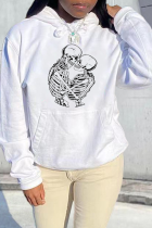 White Street Print Skull Draw String Hooded Collar Tops