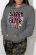 Dark Gray Vintage Print Draw String Letter Hooded Collar Tops